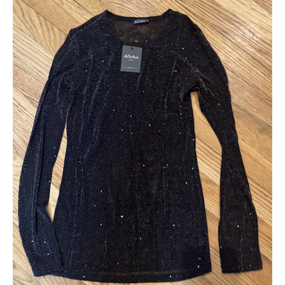 Nwt Womens Allchic Black Sheer Glitter L/S Shirt Med